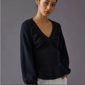 Maeve by Anthropologie black V-Neck Ruched Sweatshirt peplum size medium